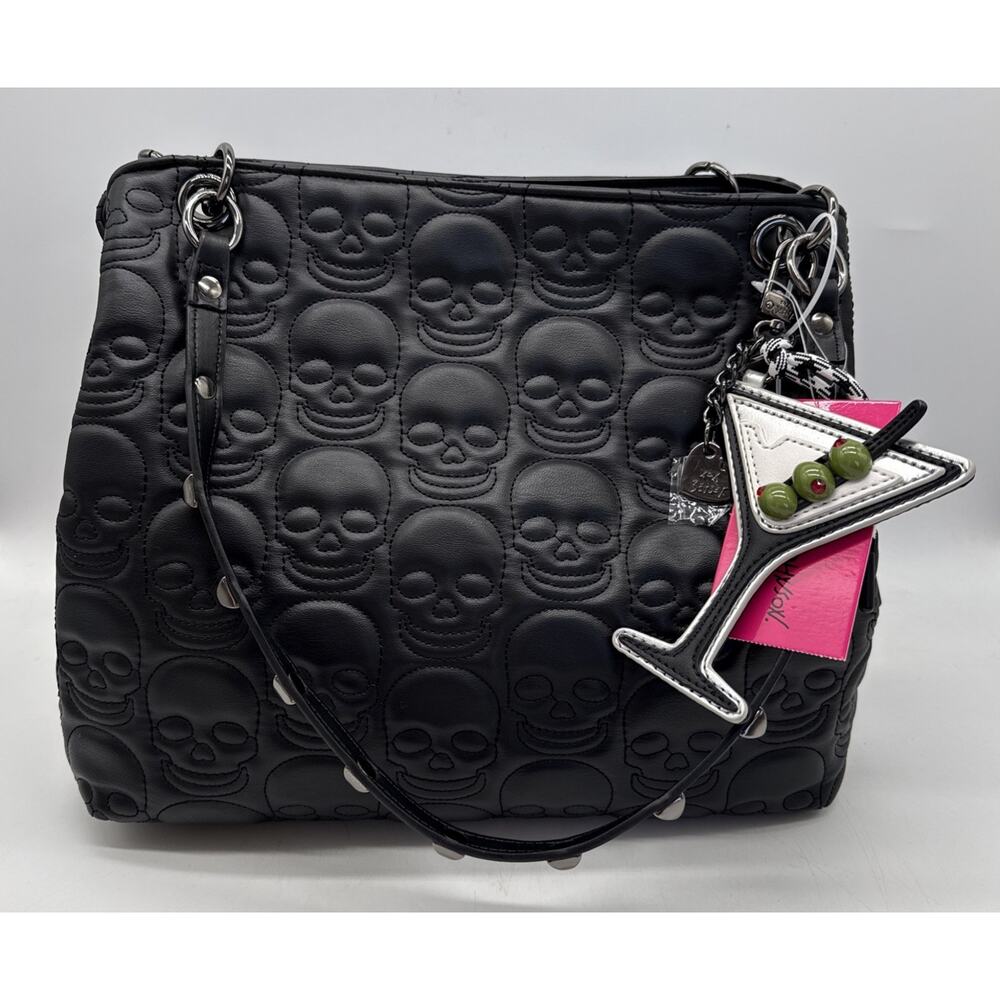 Betsy Johnson Faux Leather Skull Embossed Studded Purse Martini Charm NWT